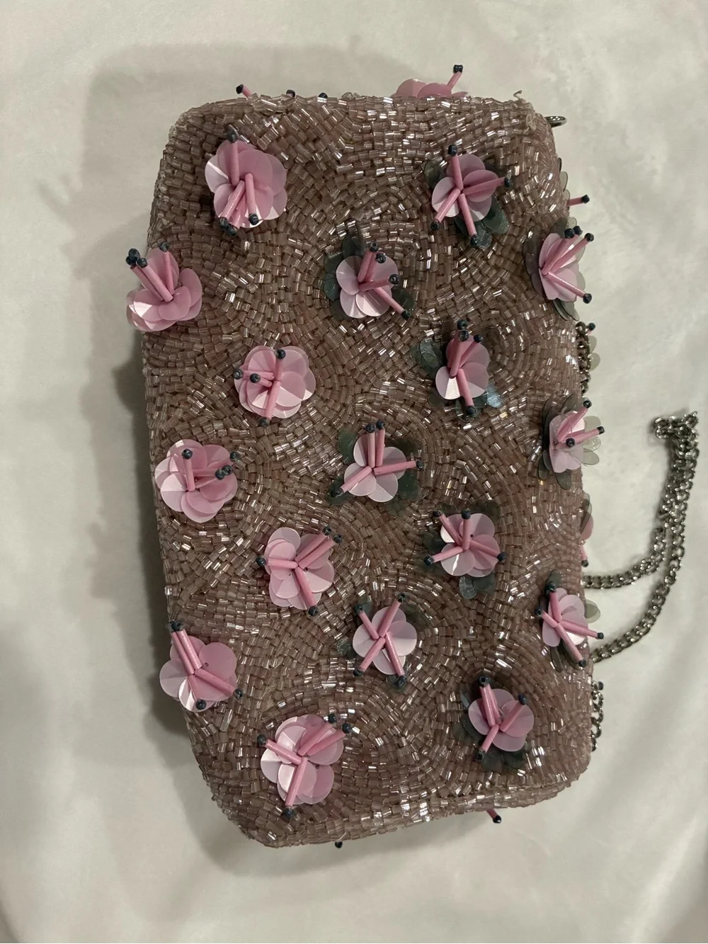 Beaded Floral Clutch Taupe/Pink Silver Chain Strap Snap Lined